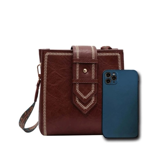 Brown Vegan Leather Western Strap Shoulder Crossbody - Picture 5 of 8